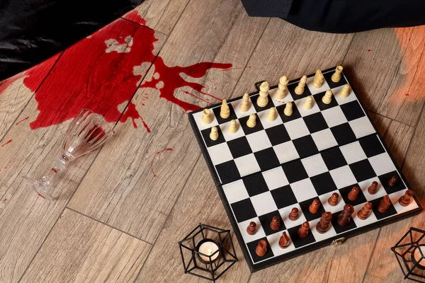 Chess Board Candles Spilled Wine Floor — Stock Photo, Image