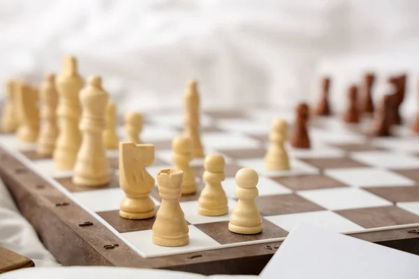 Game Board Chess Pieces Bed Closeup — Stock Photo, Image
