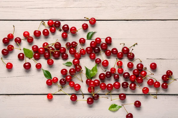 Many Red Sweet Cherries Grey Wooden Background — Stock Photo, Image