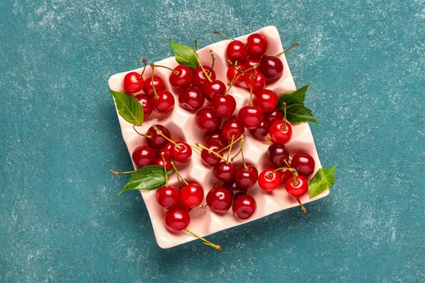 Ice Cube Tray Red Sweet Cherries Blue Background — Stock Photo, Image