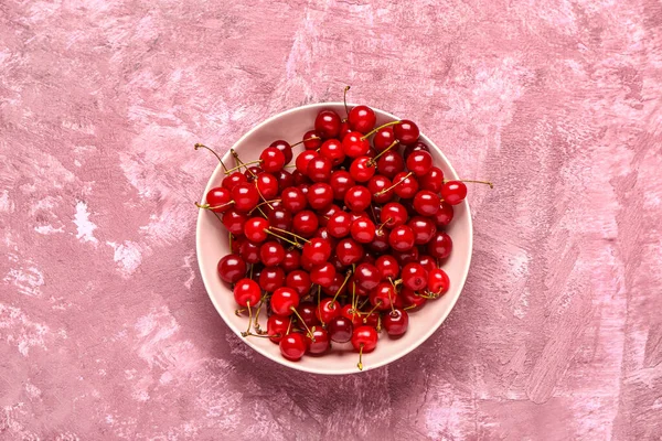 Bowl Red Sweet Cherries Pink Background — Stock Photo, Image