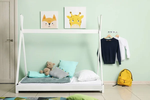 Stylish Interior Children Room Comfortable Bed School Uniform — Stock Photo, Image