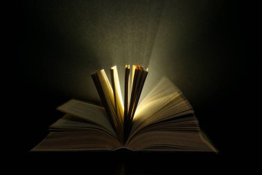 Kamera flaşı siyah arkaplan üzerine açık kitap