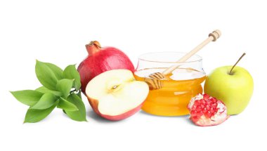 Tatlı ballı kavanoz, beyaz arka planda meyve ve bitki dalı. Rosh hashanah (Yahudi Yeni Yılı) kutlaması