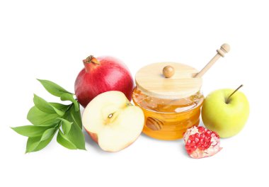 Tatlı ballı kavanoz, beyaz arka planda meyve ve bitki dalı. Rosh hashanah (Yahudi Yeni Yılı) kutlaması