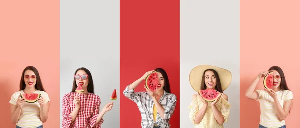 Set Beautiful Young Woman Slices Fresh Watermelon Color Background — Stock Photo, Image