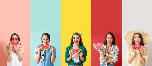 Set Beautiful Young Woman Slices Fresh Watermelon Color Background — Stock Photo, Image