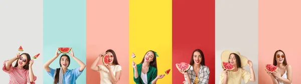 Collage Bella Giovane Donna Con Fette Anguria Fresca Sfondo Colore — Foto Stock