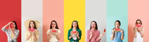 Collage Vackra Unga Kvinna Med Skivor Färsk Vattenmelon Färg Bakgrund — Stockfoto