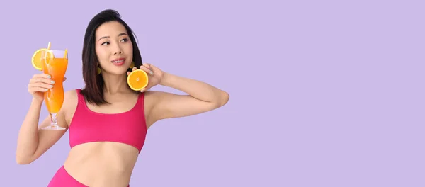 Beautiful Asian Woman Swimsuit Orange Cocktail Lilac Background Space Text — Stock Photo, Image