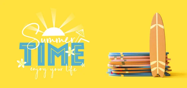 Banner Surfboards Text Summer Time Enjoy Your Life Yellow Background — Stock Photo, Image