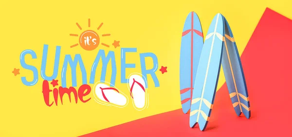 Banner Com Pranchas Surf Texto Summer Tempo Sobre Fundo Cor — Fotografia de Stock