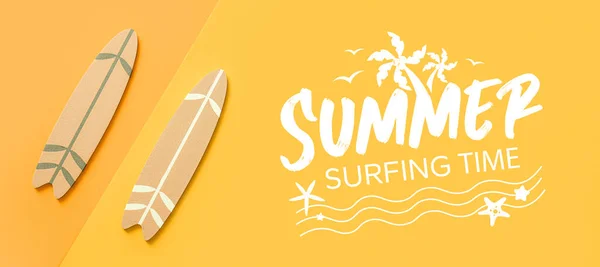 Banner Surfboards Text Summer Surfing Time Orange Background — Stock Photo, Image
