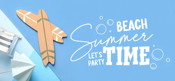 サーフボードとテキストビーチサマータイムとバナー 青色の背景のLets Party — ストック写真