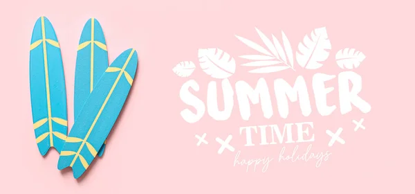 Banner Surfy Textem Summer Time Happy Holiday Růžovém Pozadí — Stock fotografie