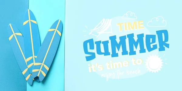 Banner Surfboards Text Summer Time Its Time Enjoy Beach Blue — Stock Photo, Image