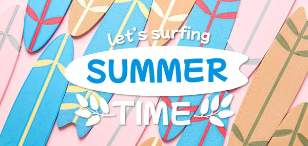 Banner Surfboards Text Summer Time Lets Surfing Pink Background — Stock Photo, Image