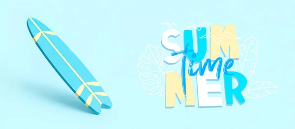 Banner Com Prancha Surf Texto Summer Time Sobre Fundo Azul — Fotografia de Stock