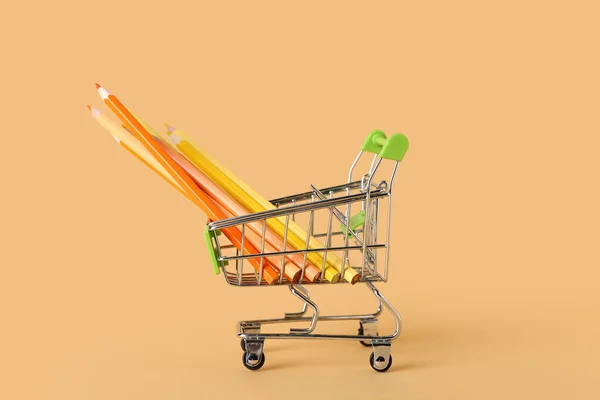 Shopping Cart Pencils Color Background — Stock Photo, Image