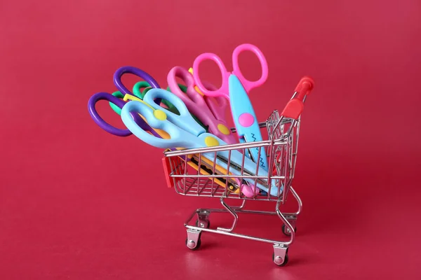 Shopping Cart Different Scissors Color Background — Stock Photo, Image