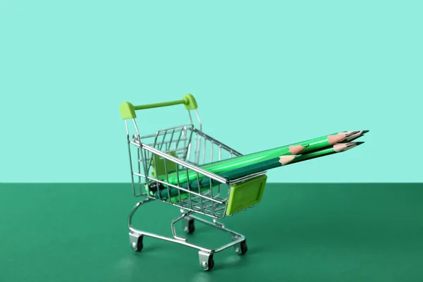 Shopping Cart Pencils Color Background — Stock Photo, Image