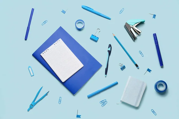 Composition Blank Notebook Stationery Supplies Blue Background — Stock Photo, Image