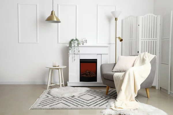 Cozy Grey Armchair Cushion Fireplace Folding Screen Interior Living Room — Stock Photo, Image