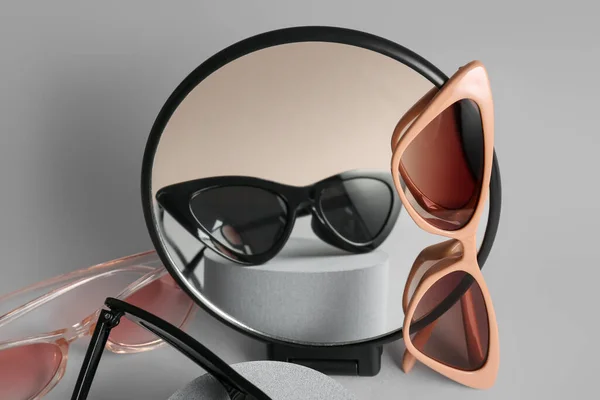 Mirror Stylish Eyeglasses White Background Closeup — Stock Photo, Image