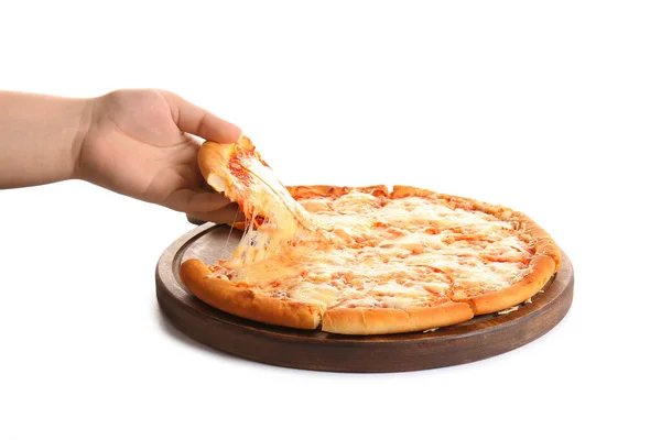 Kobieta Biorąc Kawałek Smacznej Pizzy Margarita Białym Tle — Zdjęcie stockowe