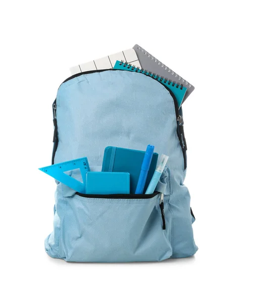 Blauer Schulrucksack Mit Notizbüchern Marker Und Quadrat Auf Weißem Hintergrund — Stockfoto