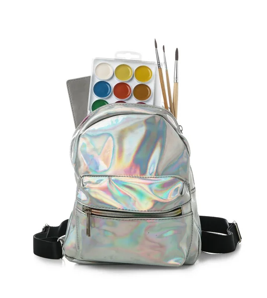 stock image Hologram school backpack with watercolors and brushes on white background