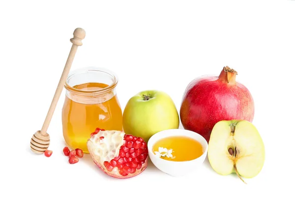 Färska Äpplen Granatäpplen Och Honung Vit Bakgrund Rosh Hashanah Judisk — Stockfoto