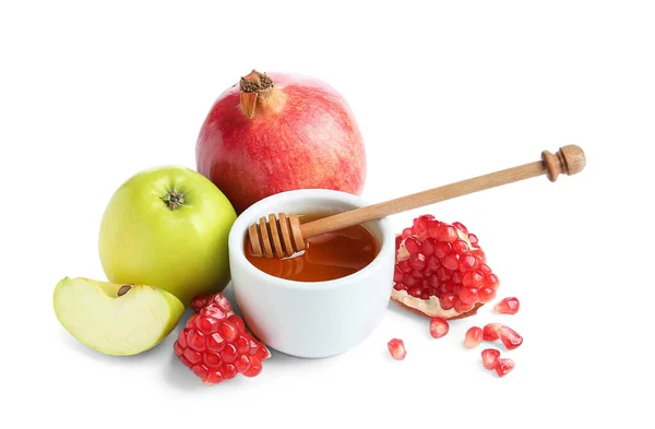 Skål Honung Mogna Granatäpplen Och Äpplen Vit Bakgrund Rosh Hashanah — Stockfoto