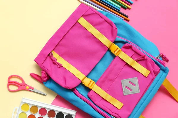 School Backpack Pencils Scissors Paints Color Background — Stock Photo, Image