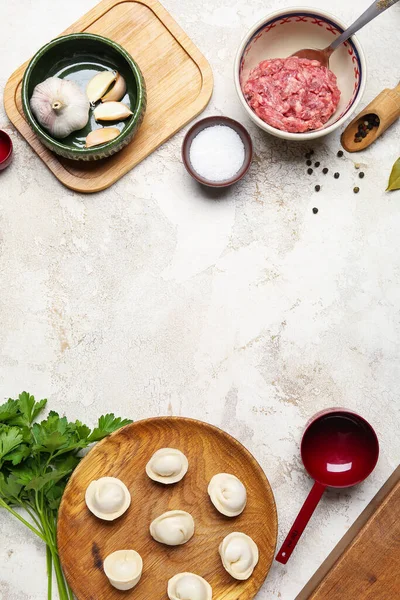 Platta Med Okokt Dumplings Och Ingredienser Ljus Bakgrund — Stockfoto