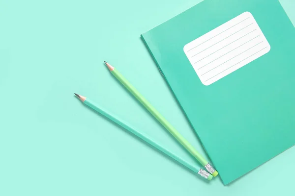 Notebook Pencils Turquoise Background — Stock Photo, Image