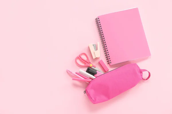 Notebook Pencil Case Different Stationery Pink Background — Stock Photo, Image