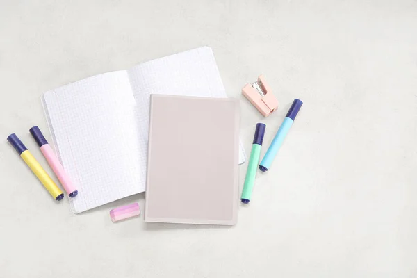 Notebooks Different Stationery Beige Background — Stock Photo, Image