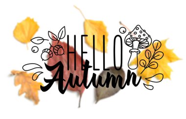 Yazılı pankart Hello AUTUMN ve düşen yapraklar