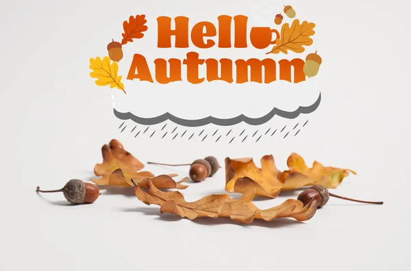 Banner Met Tekst Hello Autumn Gevallen Bladeren Met Eikels — Stockfoto