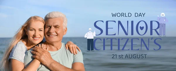 Banner World Senior Citizen Day Happy Elderly Mature Couple Sea — Stock fotografie