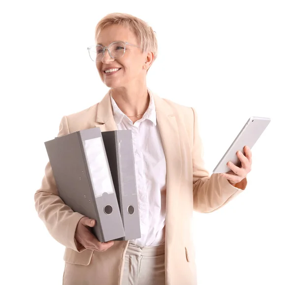 Mature Businesswoman Folders Tablet Computer White Background — Stock Photo, Image