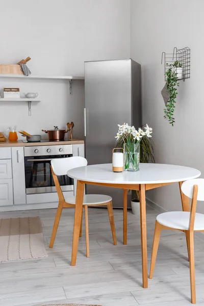Interior Light Kitchen Stylish Fridge Counters Table Chairs — Stock Photo, Image