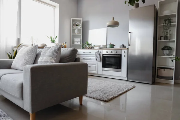 Interior Cozinha Leve Com Geladeira Elegante Balcões Sofá Prateleiras — Fotografia de Stock