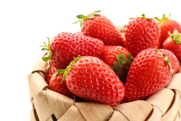 Wicker Basket Ripe Strawberry White Background Closeup — Stock Photo, Image