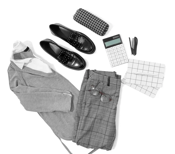 Composition Stylish School Uniform Shoes Stationery White Background — Stock Photo, Image