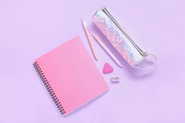 Notebook Pencil Case Different Stationery Lilac Background — Stock Photo, Image