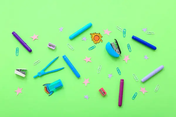 Creative Composition Paper Rocket Stars Different Stationery Green Background — Stock Photo, Image