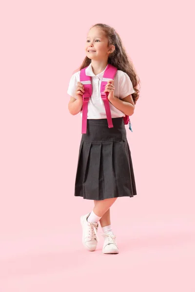 Little Schoolgirl Backpack Pink Background — Stock Photo, Image