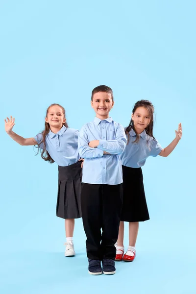 Little Schoolchildren Light Blue Background — Stock Photo, Image